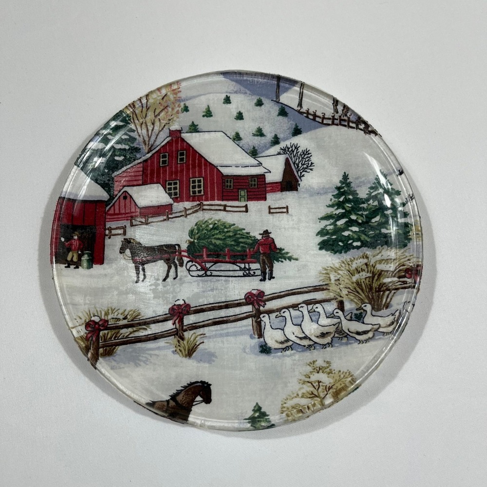 Holiday Decorative Plate 8in Multicolor Winter Farm Scene Glass Plate